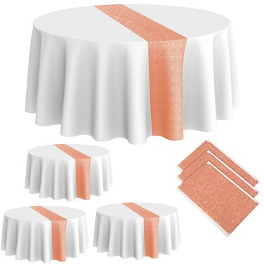 Remagr 3 Pcs Round Plastic Tablecloth 84 Inch Disposable Tablecloth Party Table Cover for Christmas Wedding Birthday Retirement Decoration(White, Rose Gold)