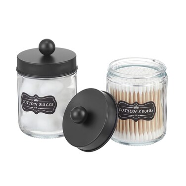 INIUNIK Glass Qtip Holder, 2 Pack Apothecary Jars with Lids Cotton Ball Holder Cotton Round Swab Pad Holder, Bathroom Jars Counter Storage Jars Containers for Restroom Bathroom Organizer, Clear