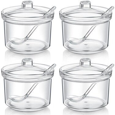 Patelai 4 Pieces Sugar Bowl Acrylic Clear Sugar Bowl with Lid and Salt Spoon Storage Sugar Jar with Airtight Lid for Sugar, Salt, Tea, Spices, Herbs, Condiments(13 oz)