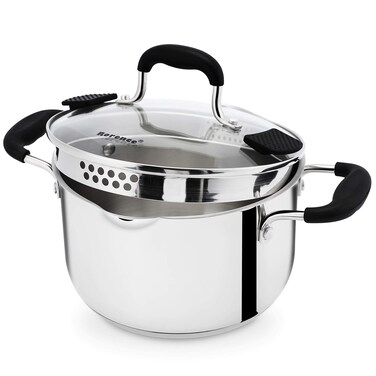Rorence Stainless Steel Stock Pot with Pour Spout &amp; Silicone Handles &amp; Glass Lid with Strainer - 3.7 Quart