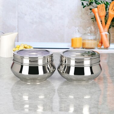 Sumeet Stainless Steel Handi Shape Big Size Canisters/Dabba/Storage Containers Set for kitchen with Transparent See Through Lid, 14.5cm Dia, 1400ml, Pack of 2, Silver, CTHDPD2-2PC