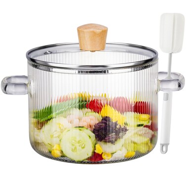 NiHome 61OZ/1.8L Small Glass Simmer Pot for Stove-Top Clear Borosilicate Glass Cooking Pot with Wooden Lid Handle &amp; Brush, Glass Saucepan for Slow Simmer, Microwave, Dishwasher-Safe