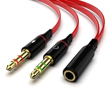 BEADY Audio Distribution Cable Stereo Mini Plug Jack Conversion Cable 3.5mm 4 Pole (Female) -3.5mm Stereo Mini (Male) + Microphone Input (Male) Red