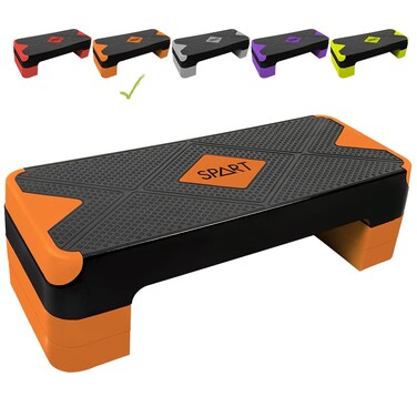 SPART Adjustable Workout Aerobic Stepper, Aerobic Exercise Step Platform with 4 Risers, 3 Levels Adjust 4" - 6" - 8", 26.77" Trainer Stepper with Non-Slip Surface For Home Gym, Black-Orange