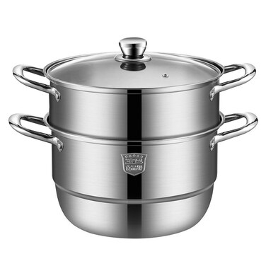 11 inch Steamer for Cooking, Food Grade Stainless Steel Steamer Pot, Steam Pots with Glass Lid 2-tier Steamer Cookware for Vegetable, Dumpling, Stock, Sauce,Stews and Pasta (Stainless steel -2 layer)