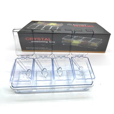 WANGSHIQI Transparent Seasoning Box,4 Pack Transparent Seasoning Rack Spice Pots Condiments Containers with Lids and Spoons,Clear Seasoning Storage Container for Spice (Transparent)