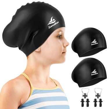 Kids Long Hair Swim Cap,Silicone Swimming Cap for Girls Boys,Waterproof Swim Hats with Ear Plugs &amp; Nose Clip