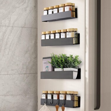 Como LA Magnetic Spice Rack for Refrigerator - Strong Magnetized Shelf for Fridge Storage - 2 Pack with 4 Moveable Hooks - Versatile Kitchen Organizer - Space-Saving Fridge Magnet Shelves
