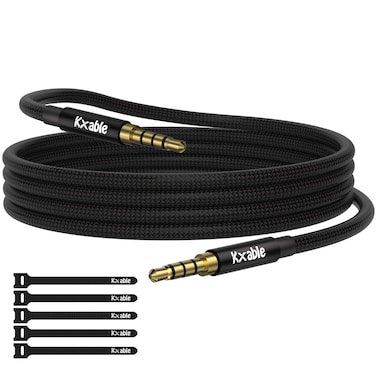 3.5mm Audio Cable, 4-Pole Hi-Fi Stereo TRRS Aux Jack 15FT, Nylon Braided, Microphone Compatible, 1/8 inch Male to Male Auxiliary Cord Extension for Headphones, Car, iPad, Phone, Tablet- Slim