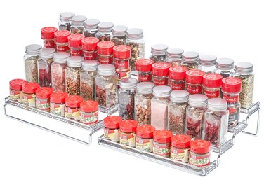 GONGSHI Spice Rack Organizer for Cabinet, 4 Tier Seasoning Organizer, Expandable Shelf,Step Storage Holder, Kitchen Cabinet Countertop,with Protection Railing, Metal (Chrome2 PC)
