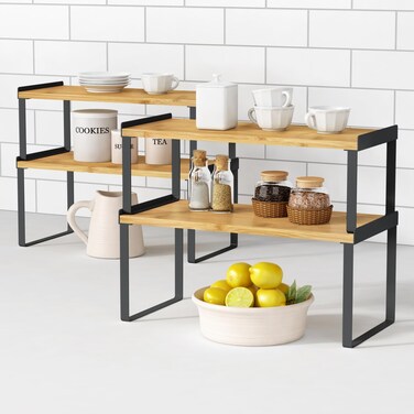 Goozii Large Kitchen Cabinet Shelf Organizer Set of 4, Stackable Countertop Organizer for Kitchen Counter, Adjustable Organizers and Storage Rack for Spices Plate (Bamboo, Black)