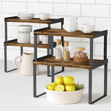 Goozii Kitchen Cabinet Organizers and Storage Shelves, Rustic Farmhouse Desk Shelf Riser for Cabinets, Black Expandable Corner Glasses Medicine Cabinet Organizer under Bathroom Sink - Set of 4