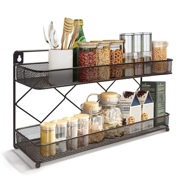 Megier 2 Tier Metal Kitchen Counter-top or Wall Mount Spice Rack, Jars Storage Organizer, Cabinet Holder, spice seasoning organizer for Partry (Bronze)