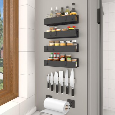 HETMI 6 Pack Magnetic Spice Rack, Magnetic Spice Rack Organizer, Refrigerator Magnetic Spice Rack for Refrigerator and Microwave Oven, Magnetic Paper Towel Holder &amp; Magnetic Hooks Combo