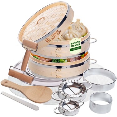 2-tier 10" Bamboo Steamer with Reinforcement &amp; Handle, Reusable Silicone Liner &amp; Accessories Kit For Cooking Dumpling, Baby Bao Bun, Dim Sum, Rice Potsticker Steaming Chinese Asian Food &amp; Vegetables