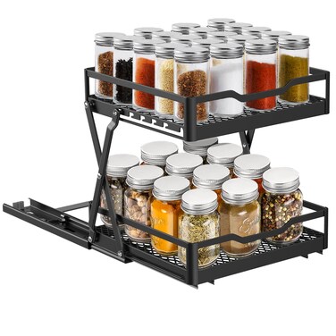 VOGWOLTH Pull Out Spice Rack Organizer, Collapsible Spice Rack Pull Out Drawer 2 Tier Height Adjustable Sliding Seasoning Shelf Kitchen Cabinet Pantry Closet Organizer Heavy Duty Metal (Large)