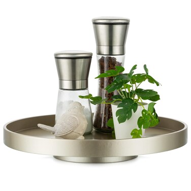 Hanobe Lazy Susan Turntable Organizer: Champagne Gold Wood Spice Rack Modern Decorative Tray Round Rotating Storage for Cabinet Countertop Pantry Kitchen Bathroom 12 inch