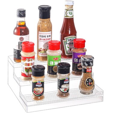 SuoXing 10 Inch Spice Organization for Cabinet,1 Pack 3 Tiered Clear Acrylic Spice Rack,Small Plastic Spice Shelf,Multipurpose Spice Shelves Great for Kitchen Countertop,Cabinet,Cupboard,Pantry