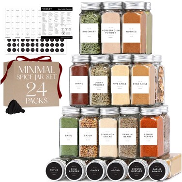 Glass Spice Jars with Labels with Metal Lids and Shakers Minimalist 24 Pack Set, 4oz Small Clear Empty Spice Bottles Seasoning Containers with Label Organizer Square Herb Seasoning Jars for Kitchen