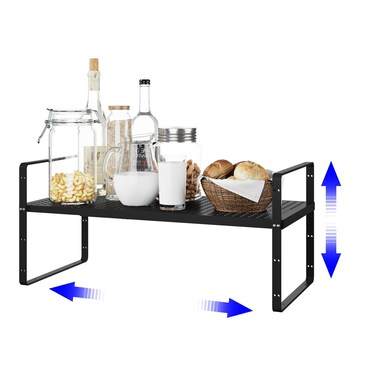 KIKIBRO Expandable Cabinet Shelf Organizers, Kitchen Small Stand Rack Organization for Countertop Cupborad Pantry, Black 1 Pack