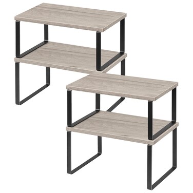 NEX Kitchen Cabinet and Counter Shelf Organizer, Shelf Riser for Pantry Countertop Cupboard Desk Top, Stackable &amp; Expandable, Set of 4, Black and Greige