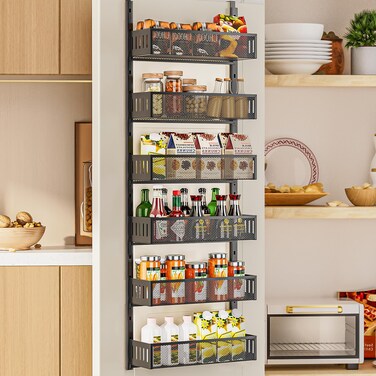DAOTENGQL 6-Tier Over The Door Pantry Organizer with Mesh Baskets, Adjustable &amp; Stable Hanging Spice Rack for Kitchen, Bathroom, Bedroom, and Baby Essentials Storage (16" W 6-Tiers, Black)