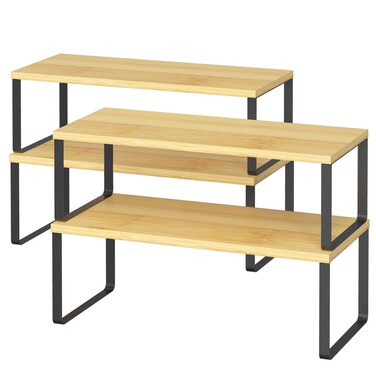 NEX Kitchen Cabinet and Counter Shelf Organizer, Stackable &amp; Expandable, Set of 4, Black and Natural - 7.7 x 15.6 x 6.2''