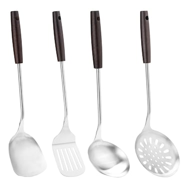 FJNATINH Cooking Utensils - Spatula, Ladle, Skimmer Spoon, Slotted Spatula - 4 Pieces Stainless Steel Wok Utensils Set for Carbon Steel