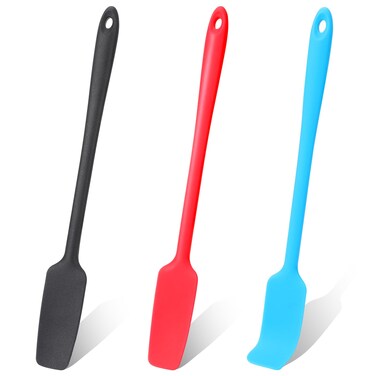 3 Pcs Silicone Jar Spatulas with Long Handle, Jam Spreader Rubber Spatula Heat Resistant Non-Stick Silicone Scraper Small Spatulas for Baking and Cake Icing Kitchen Use, 3 Color