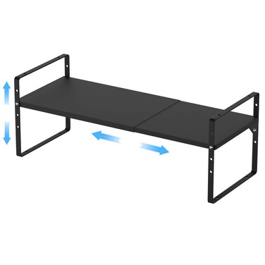 GEDLIRE Expandable Kitchen Cabinet Shelf Organizers, Stackable Metal Pantry Storage Shelves Rack, Adjustable Counter Spice Shelf for Cabinets, Countertop, Cupboard Organizers and Storage, Black