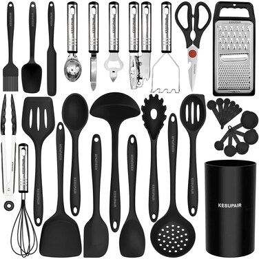 Kitchen Utensils Set - 446&Acirc;&deg;F Heat Resistant Silicone Cooking Utensils Set-Kitchen Tools and Gadgets for Cooking Nonstick Cookware with Tongs,Turner,Spatula,Spoon,Brush,Peeler,Grater,Scissors(Black)