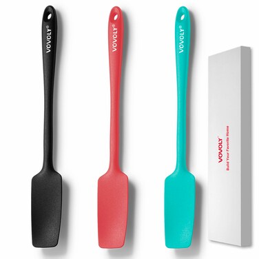 VOVOLY Silicone Jar Spatulas, Long Handle Jar Spatulas, 600&Acirc;&ordm;F Heat Resistant Small Spatula, Seamless Design, Stainless Steel Core, BPA Free Spoonula (3, Mixed)