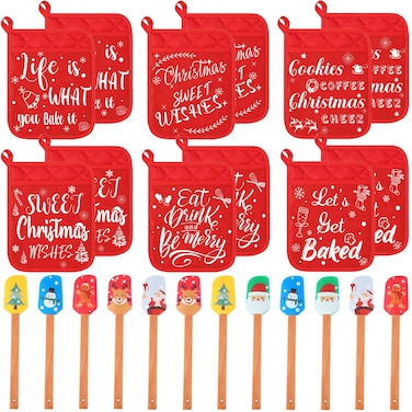 Yaomiao 24 Pcs Christmas Pot Holders with Silicone Spatula Set Silicone Spatula Set with Wooden Handles Pot Holders for Kitchen Christmas Kitchen Utensils Christmas Baking Gifts for Xmas (Simple)