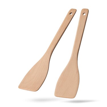 Hefild 2PCS Wooden Spatulas for Cooking, 13inch Uncoated Beech Wood Turners for Frying, Non-Scratch Wood Flat Spurtle for Pan &amp; Wok, Wooden Cooking Utensils for Non Stick Cookware, Long Handle Scraper