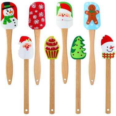 Nuogo 8 Pieces Christmas Silicone Spatula Santa Claus Pattern Spatula Set Xmas Cake Spatula with Wooden Handle Kitchen Silicone Spatula for Stirring Cooking Baking (Stripe Color)