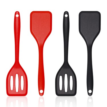 Pharamat Small Silicone Serving Spatula Set of 4, Mini Silicone Spatula Set for Kitchen Use, Small Spatulas for Egg, Steak, Pancake(Black, Red)