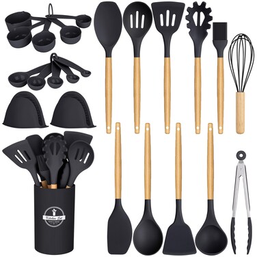 24 Pcs Kitchen Cooking Utensils Set,446&Acirc;&deg;F Heat Resistant Non-Stick Silicone Kitchen Utensil Set With Wooden Handles and Holder,Kitchen Gadgets for Cookware,Kitchen Accessories,Black