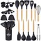 24 Pcs Kitchen Cooking Utensils Set,446&Acirc;&deg;F Heat Resistant Non-Stick Silicone Kitchen Utensil Set With Wooden Handles and Holder,Kitchen Gadgets for Cookware,Kitchen Accessories,Black