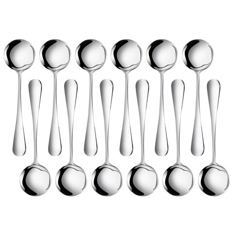Foamia Soup Spoons, 12-Pack Stainless Steel Spoons Silverware Round Cereal Spoon Dinner Spoons Tablespoons Set for Bouillon Dessert Ice Cream Kitchen Cooking Flatware