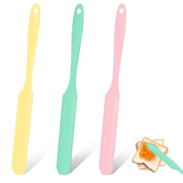 3pcs Silicone Jar Spatula Heat Resistant Kitchen Spatulas with Long Handle, Mixing Batter Scraper Jam Spreader Cake Cream Butter Spatulas for Jars Baking Cake Icing (Pink&amp;Yellow&amp;Light Green)