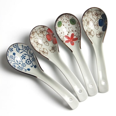 IQCWOOD Asian Soup Spoons, 6.2 inch Ceramic Soup Spoon, Chinese Japanese Soup Spoons for Ramen Pho Wonton Noodles Soup Dumpling Miso, 4Pcs