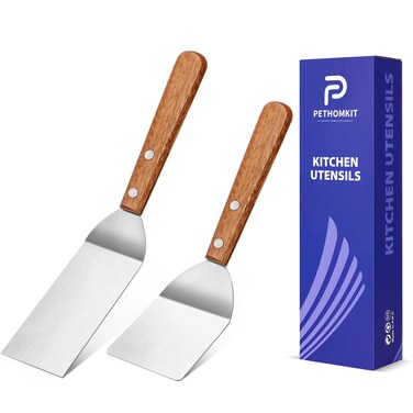 Small Metal Spatula Set,Mini Wooden Spatulas for Kitchen Use,Tiny Griddle Solid Stainless Steel Spatula With Wood Handle for Cake Fish Cookie,Grill Chef Baking Scraper Spatula Turner,2 Pack,Sliver