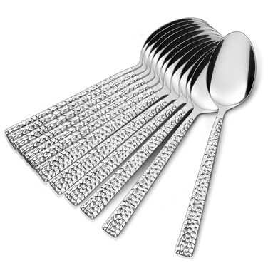 E-far Hammered Dinner Spoons Set of 12, E-far 7.9 Inch Stainless Steel Soup Spoons Tablespoons for Home, Kitchen or Restaurant, Non-toxic &amp; Mirror Polished, Squared Edge &amp; Dishwasher Safe
