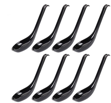 Comicfs Asian Soup Spoons 8 pieces, 8HSP-B, Large Japanese Soup Spoons, Soba Rice Pho Ramen Noodle Soup Spoons, Chinese Won Ton Soup Spoon, Hook Style (8 Spoons, Black)