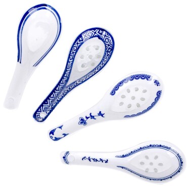 VanEnjoy Set of 4 Chinese/Japanese Ceramic Soup Spoons, Tradition Blue and White Ceramic Spoon Suitable for Soup