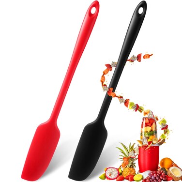 Patelai Silicone Jar Spatula Long Handle Non-stick Rubber Scraper Heat Resistant Spatula Silicone Scraper for Jars, Smoothies, Blenders Cooking Baking Stirring Mixing Tools(Red, Black,2 Pieces)