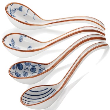 Set of 4 Soup Spoons, Japanese Soup Spoon Chinese Ceramic Ramen Spoons, Asian Soup Spoon Long Handle Perfect Size for Dumpling Pho Noodles Miso Dishwasher Safe (Style C)