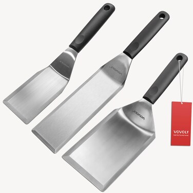 Stainless Steel Spatula Set, Grill Spatula Set with Full Tang Silicone Handle &amp; Beveled Edges, Long Wide Spatula for Cast Iron Griddle BBQ Flat Top Grill, Pancake Spatula, Smash Burgers Metal Spatula