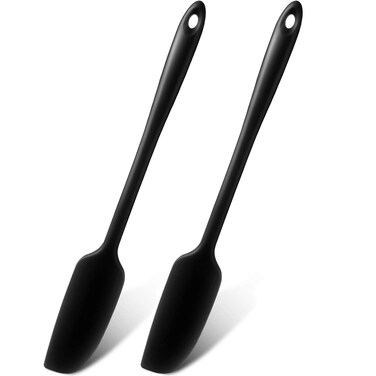 Patelai Silicone Jar Spatula Long Handle Non-stick Rubber Scraper Heat Resistant Spatula Silicone Scraper for Jars, Smoothies, Blenders Cooking Baking Stirring Mixing Tools(Black,2 Pieces)