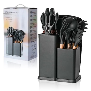 Kitchen Utensils Set Dark Gray Silicone Cooking Utensils, Non-stick Kitchen Utensil Set, Wooden Handle Non Toxic BPA Free, Silicone Utensils for Cooking Set, Kitchen Set for Home Kitchen Accessories S